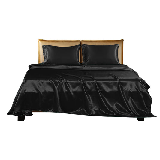 Dreamz Silky Satin Sheets Fitted Flat Queen Black