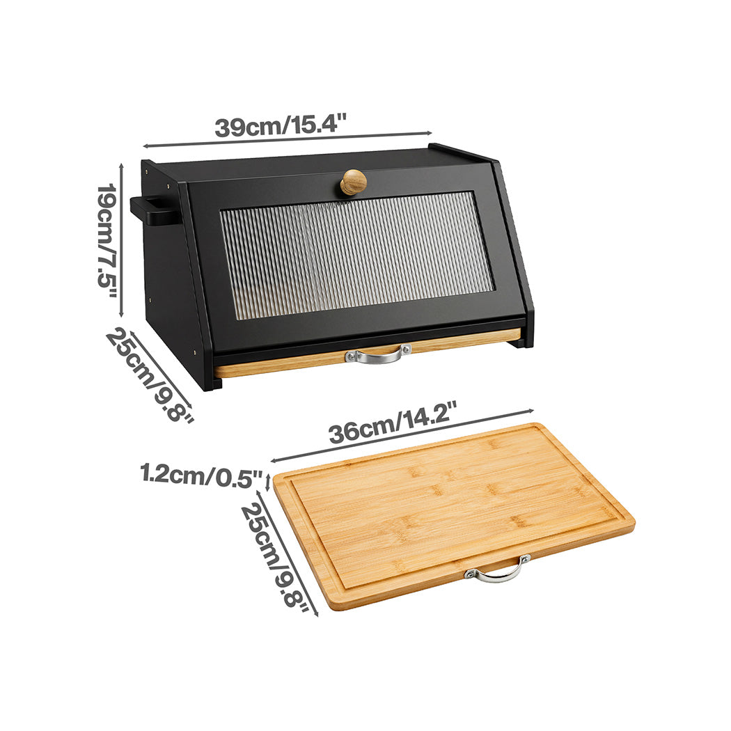 Toque Bamboo Bread Box With Cutting Board & Knife Holder Black