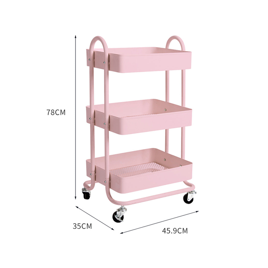 3 Tier Kitchen Trolley Cart Pink Rolling Storage Organizer For Home Office