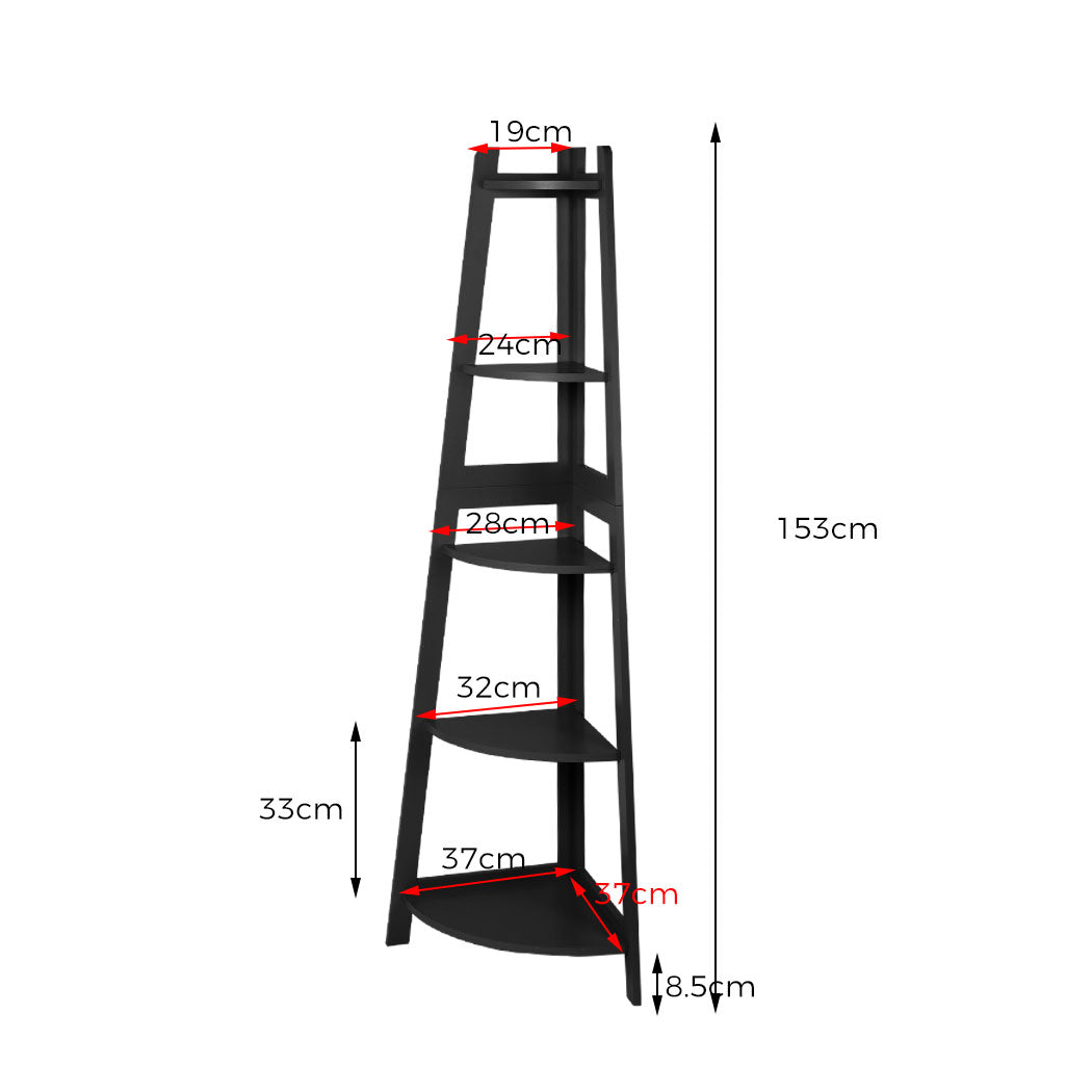 Black 5 Tier Corner Shelf Storage Unit For Home Organization And Display