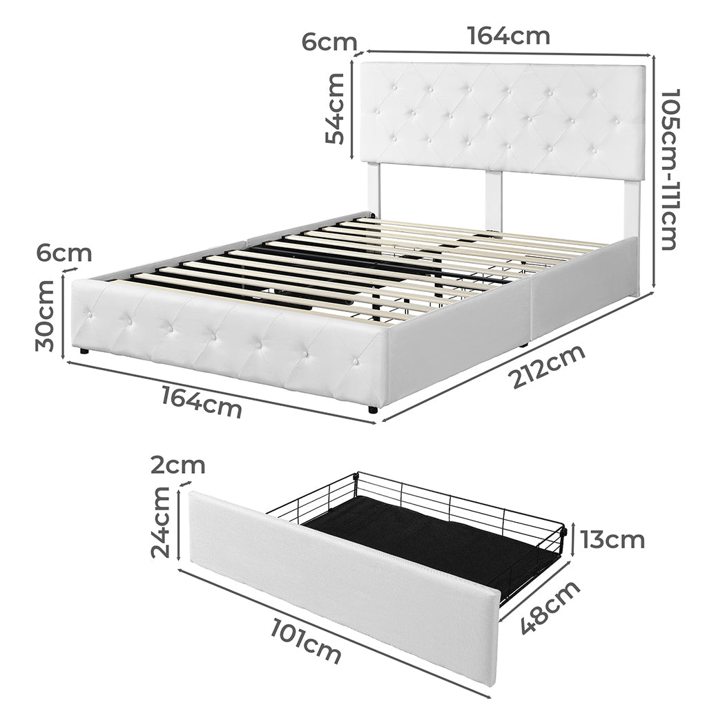 Queen Bed Frame Tufted With 4 Storage Drawers Cream