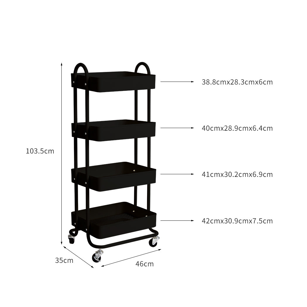 4 Tier Kitchen Trolley Cart Black Rolling Storage Organizer For Home Office