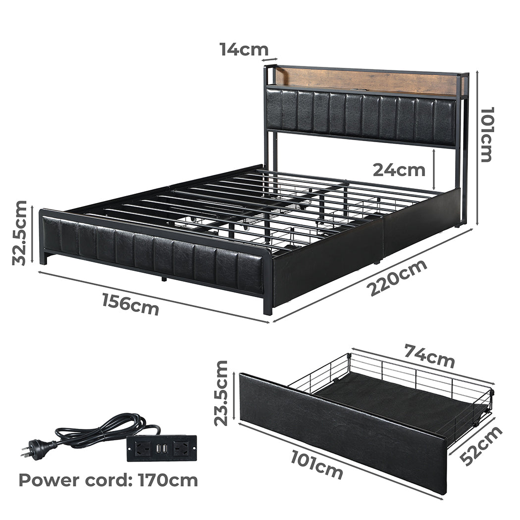 Queen Bed Frame Pu With 4 Drawers And Usb Charging Ports