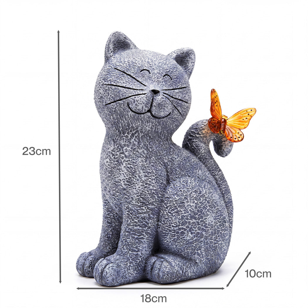 Emitto Solar Cat Butterfly Garden Statue With Led Light Resin Outdoor Decor