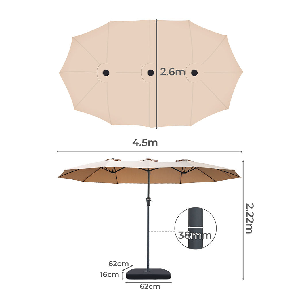 Centra 4.5M Double Sided Patio Umbrella Outdoor Base Stand Khaki