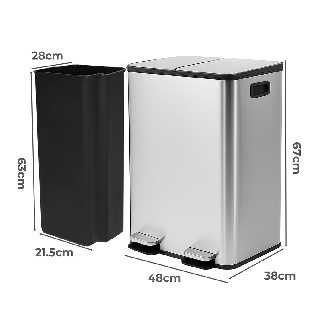 Toque 60L Dual Compartment Stainless Steel Pedal Bin Black & Silver