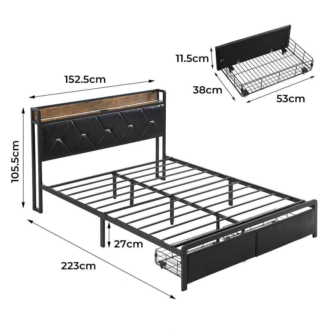 Queen Metal Bed Frame With Led Lights And 2 Drawers Black