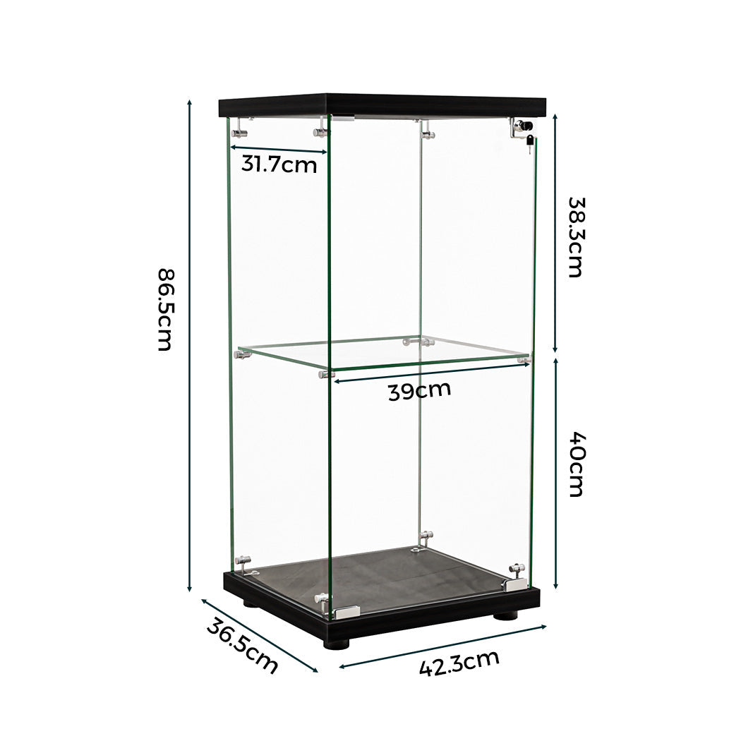 2-Tier Tempered Glass Display Cabinet With Lock Black Collection Storage