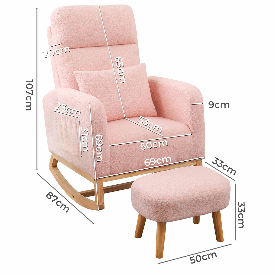 Rocking Chair With Ottoman Footrest Side Pocket Pink