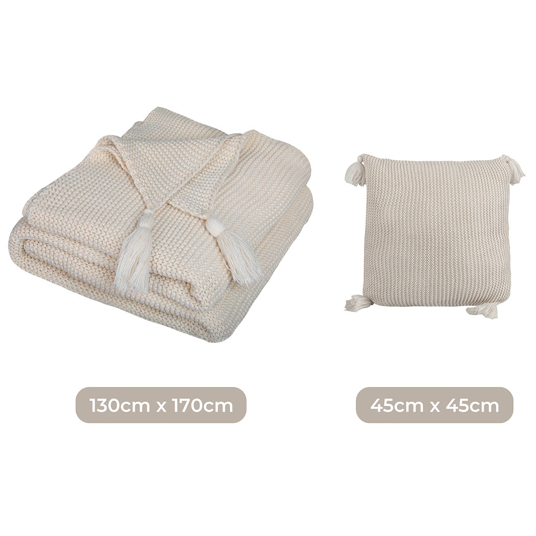 Dreamz Knitting Throw Blanket Cushion Beige