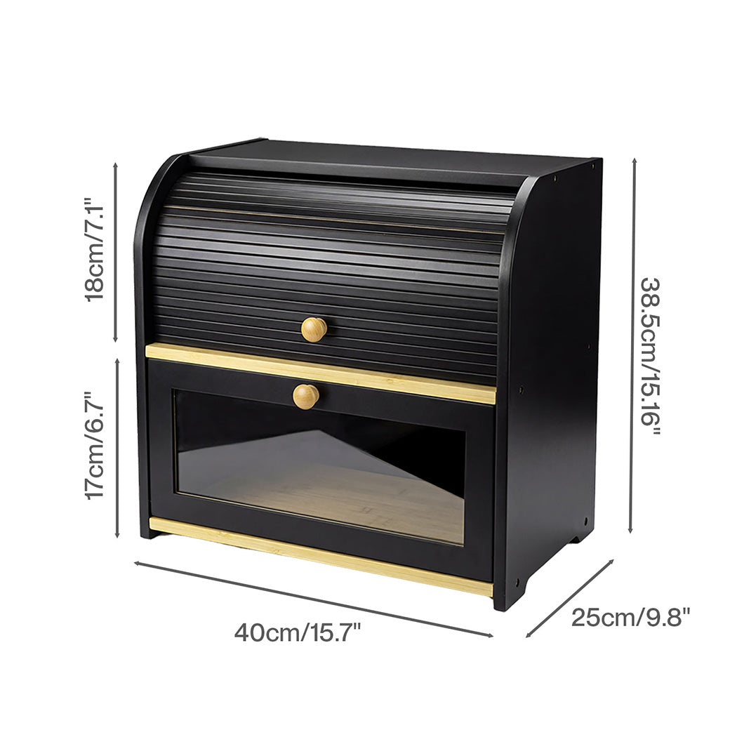Toque 2 Tier Bamboo Bread Bin With Roll Top Door Kitchen Storage