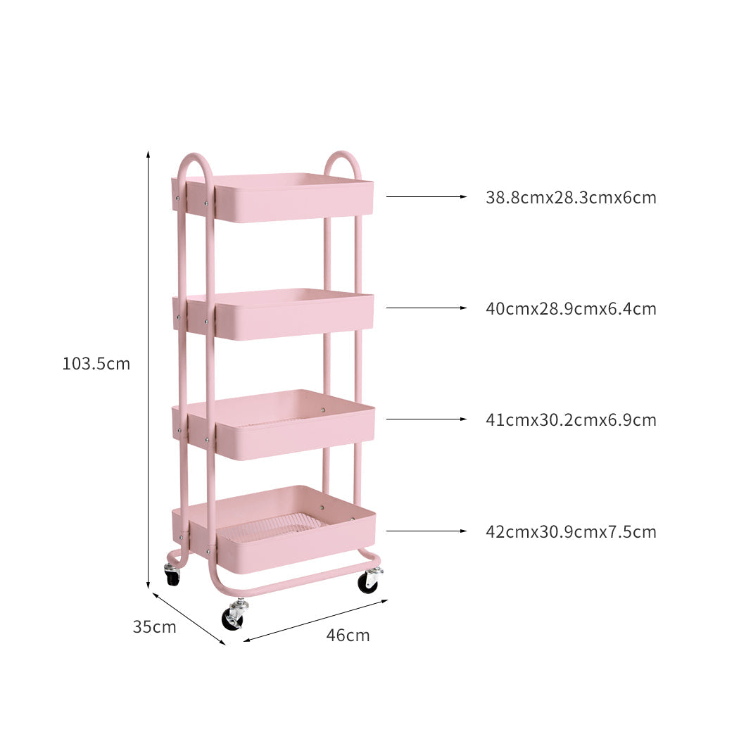 4 Tier Kitchen Trolley Cart Pink Storage Rolling Organizer For Home Office