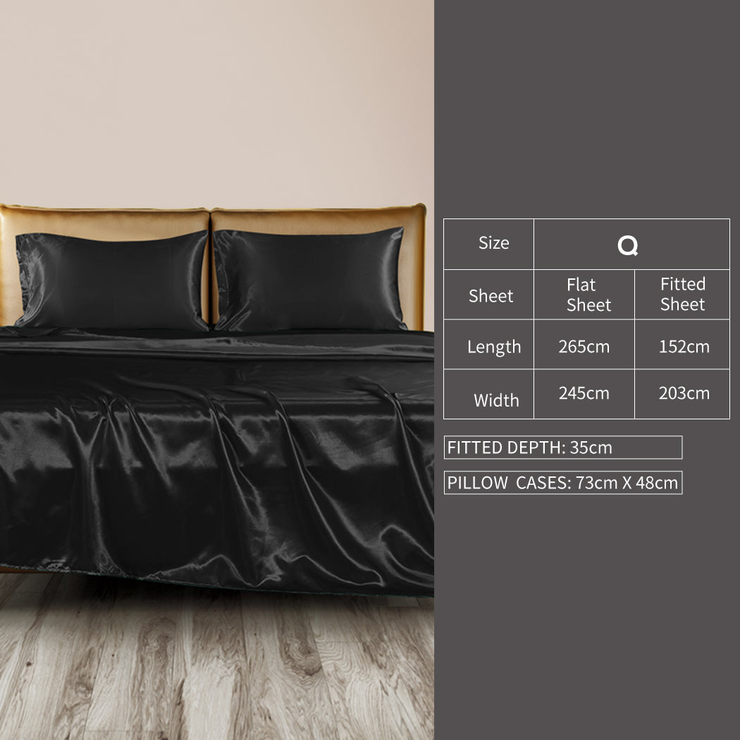 Dreamz Silky Satin Sheets Fitted Flat Queen Black