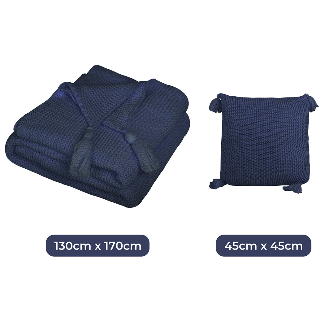 Dreamz Knitting Throw Blanket Cushion Navy