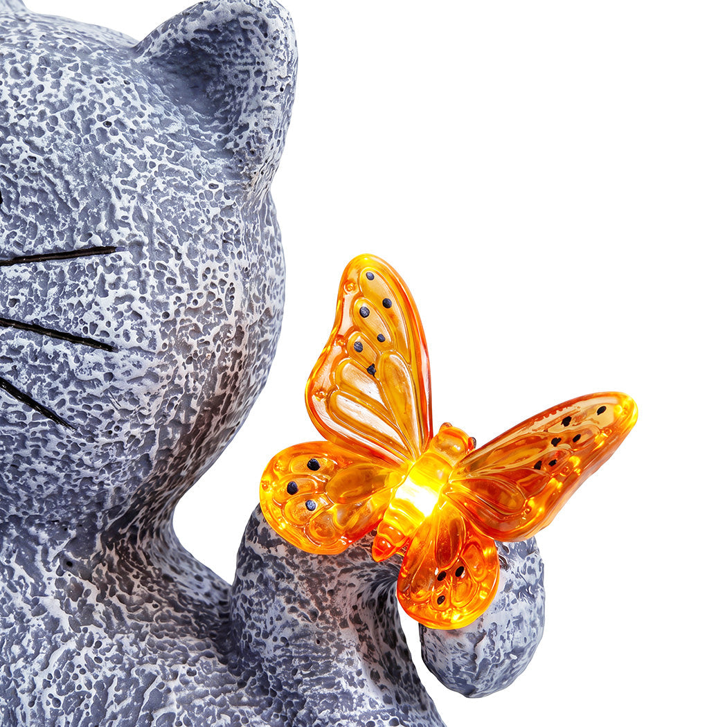 Emitto Solar Cat Butterfly Garden Statue With Led Light Resin Outdoor Decor