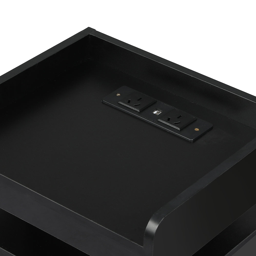 Bedside Table With Usb Charger Outlet And Rgb Lights Black Modern Nightstand For Bedroom