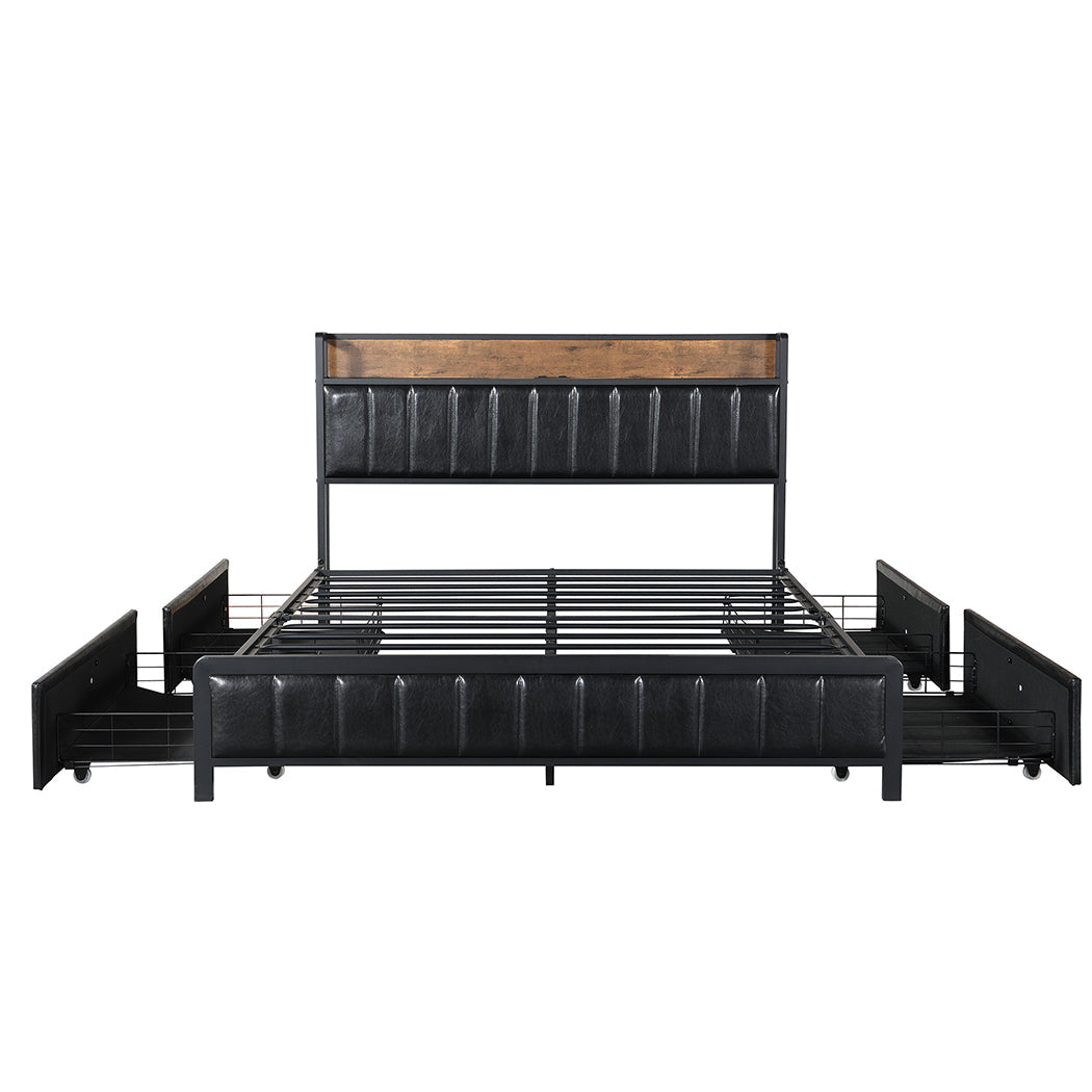 Queen Bed Frame Pu With 4 Drawers And Usb Charging Ports