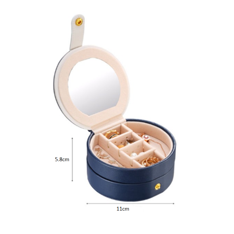 Portable Small Jewelry Case Travel Accessory Storage Box Organizer With Mirror For Women Blue White