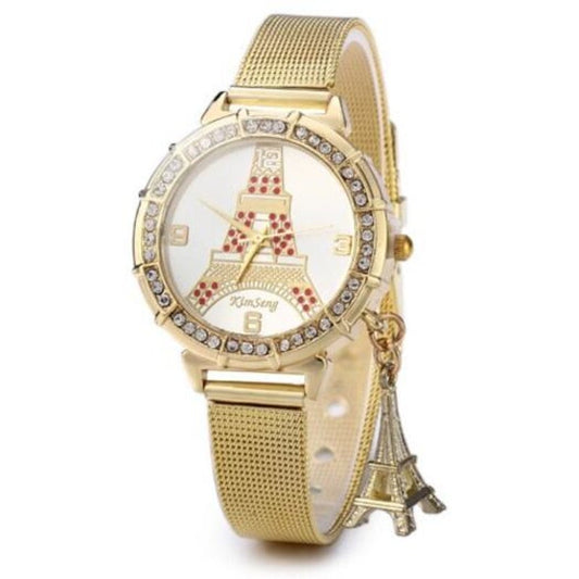 Veile Studios Lady Golden Steel Net Strap Eiffel Tower Diamond Quartz Watch Red