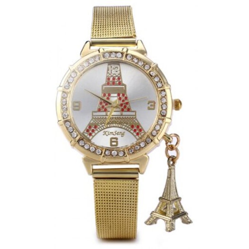 Veile Studios Lady Golden Steel Net Strap Eiffel Tower Diamond Quartz Watch Red