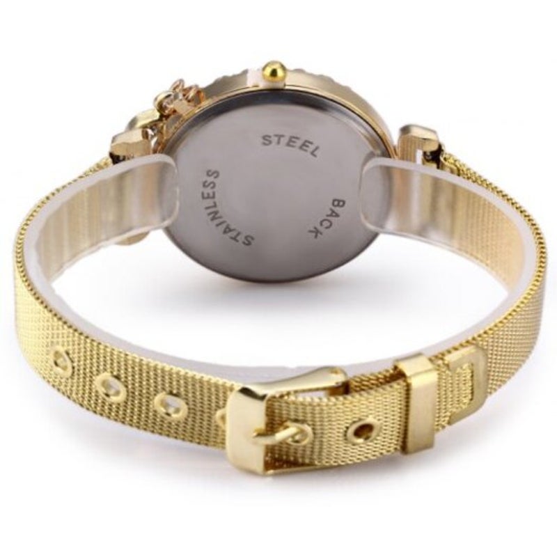 Veile Studios Lady Golden Steel Net Strap Eiffel Tower Diamond Quartz Watch Red