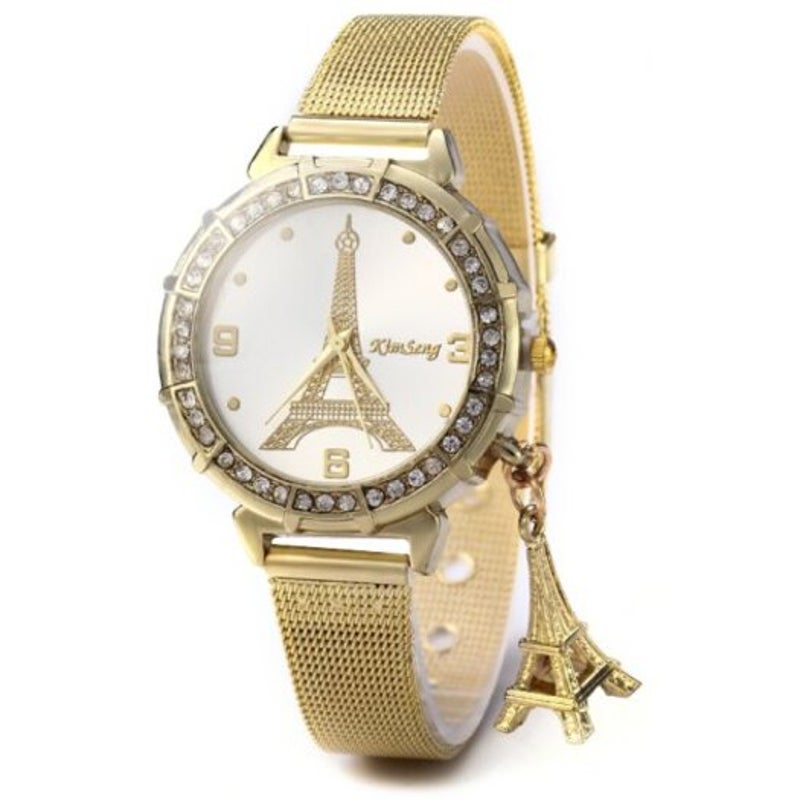 Veile Studios Lady Golden Steel Net Strap Eiffel Tower Diamond Quartz Watch Red