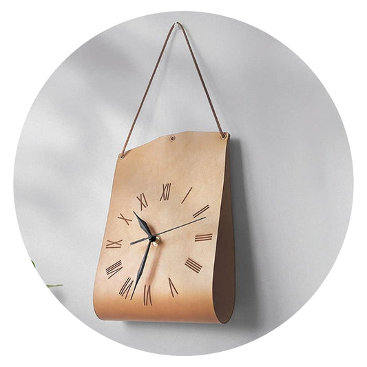 Retro Pu Leather Hanging Wall Clock Silent Sweep Movement Roman Numerals Decorative Handbag Style(Light Brown)