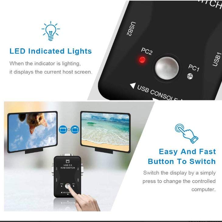 Cables Adapters Kvm Switch Usb Sharing Selector 2 In 1 Out Port Manual Peripheral Switcher Box Hub