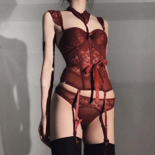 Seduction Lace Bra Panty Set With Built In Garters