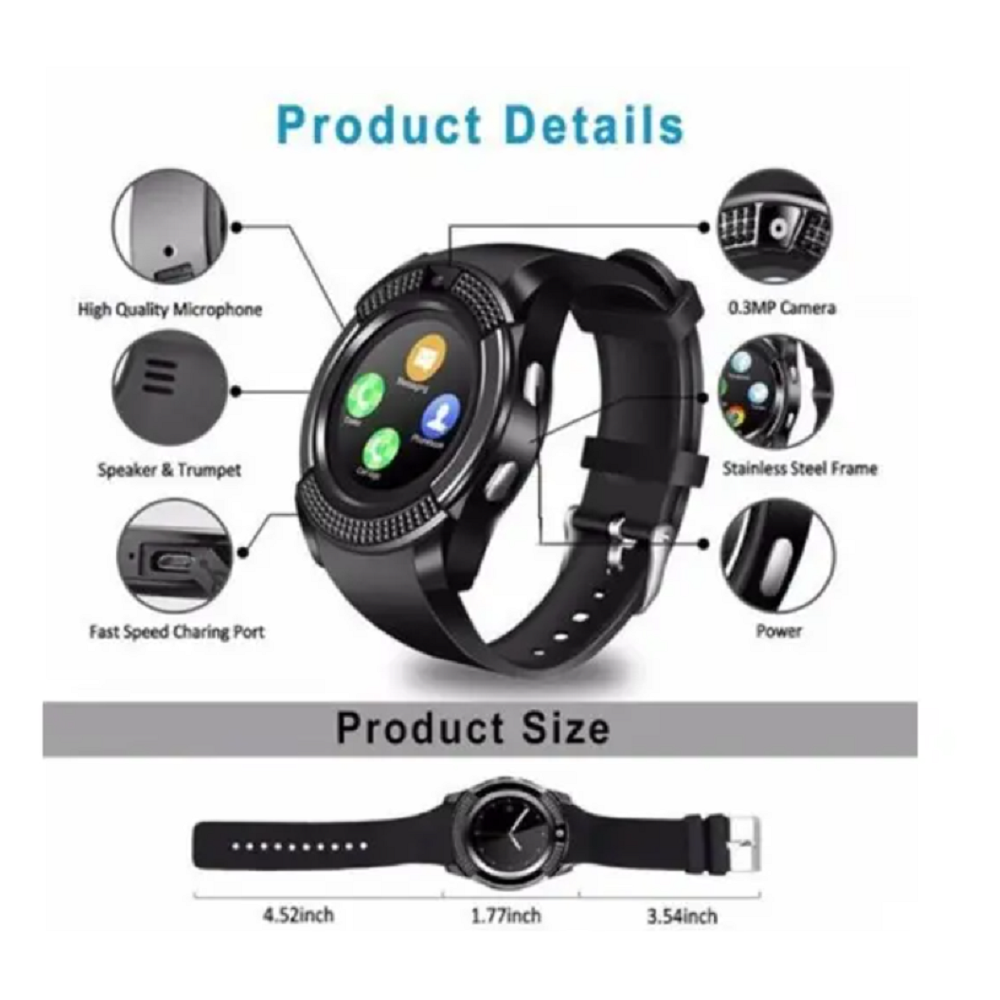 V8 Bluetooth Smart Watch Band Touch Screen Wristband Sport Smartwatch Black