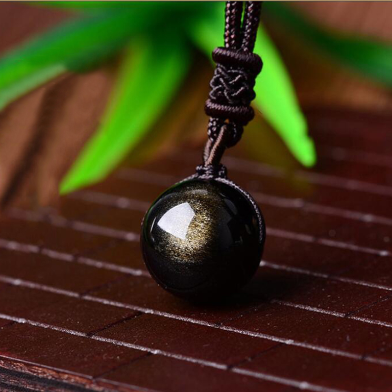 Veile Studios Lucky Black Gold Natural Obsidian Stone Pendant Necklace