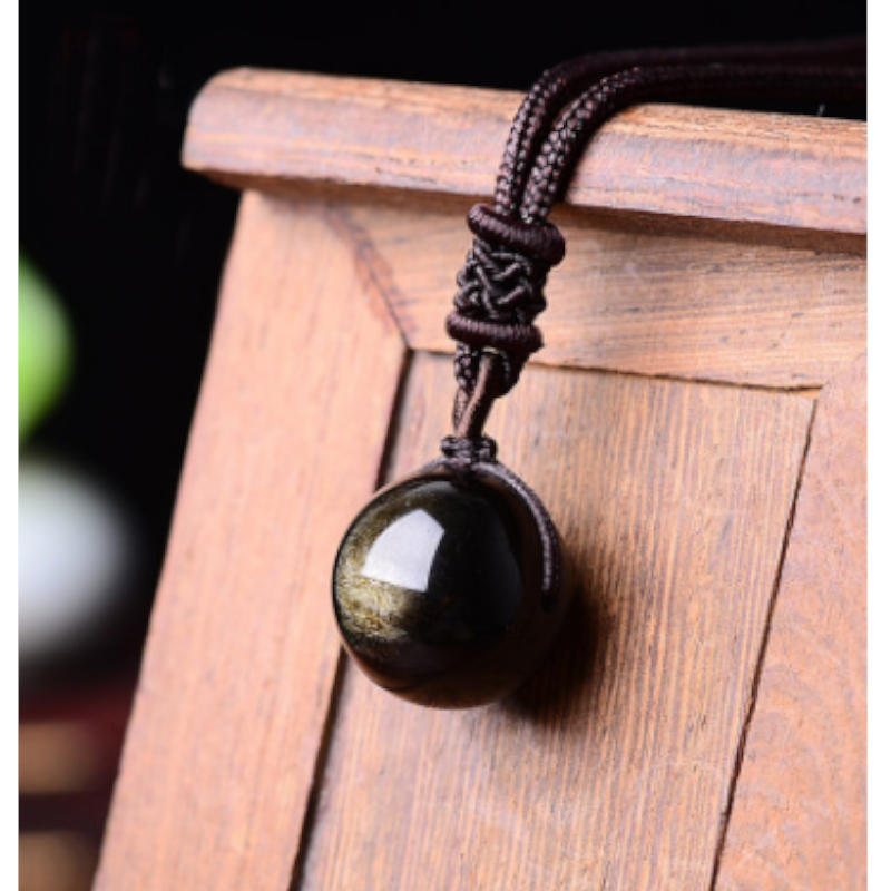 Veile Studios Lucky Black Gold Natural Obsidian Stone Pendant Necklace
