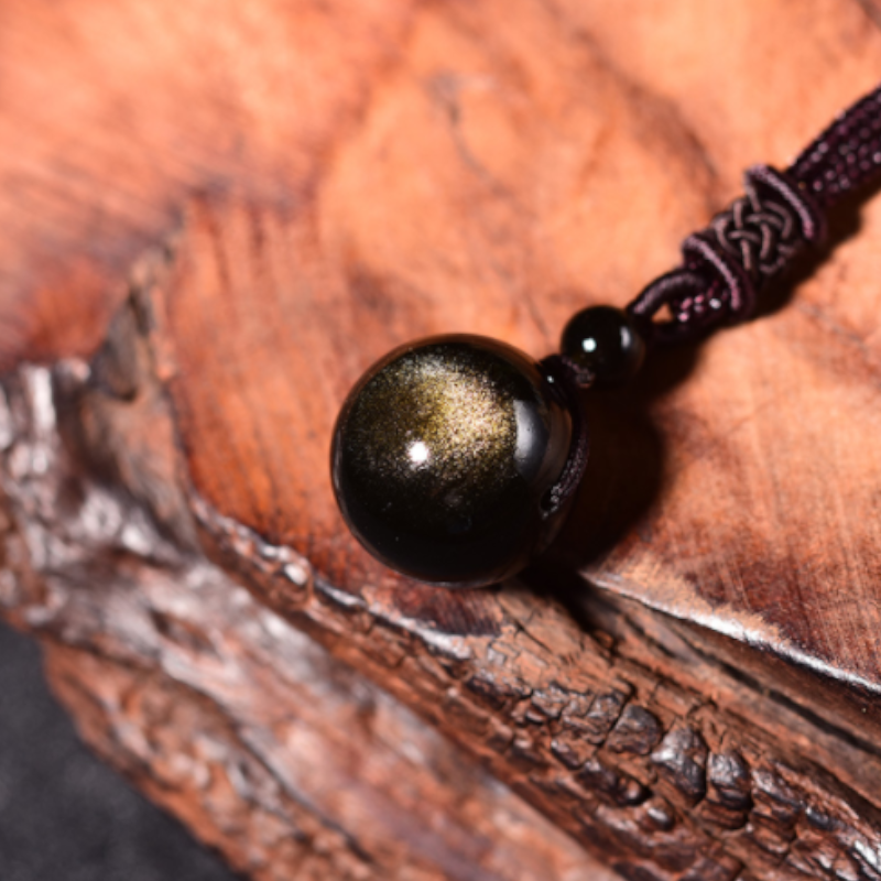 Veile Studios Lucky Black Gold Natural Obsidian Stone Pendant Necklace