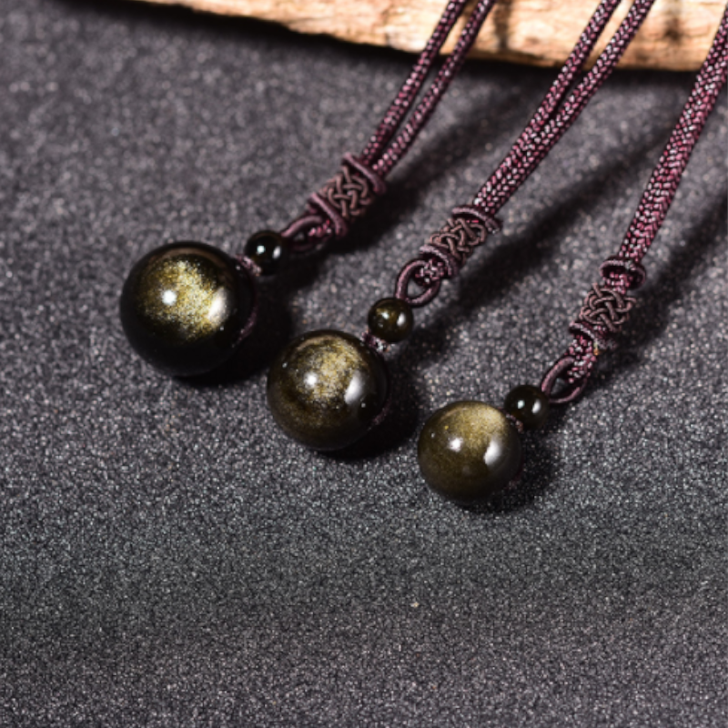 Veile Studios Lucky Black Gold Natural Obsidian Stone Pendant Necklace