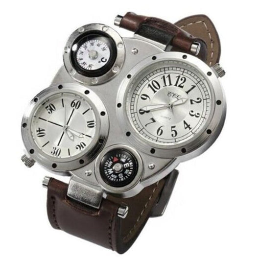 Veile Studios Men Fashion Creative Compass Chronograph Leather Quartz Sport Watch Rosy Finch