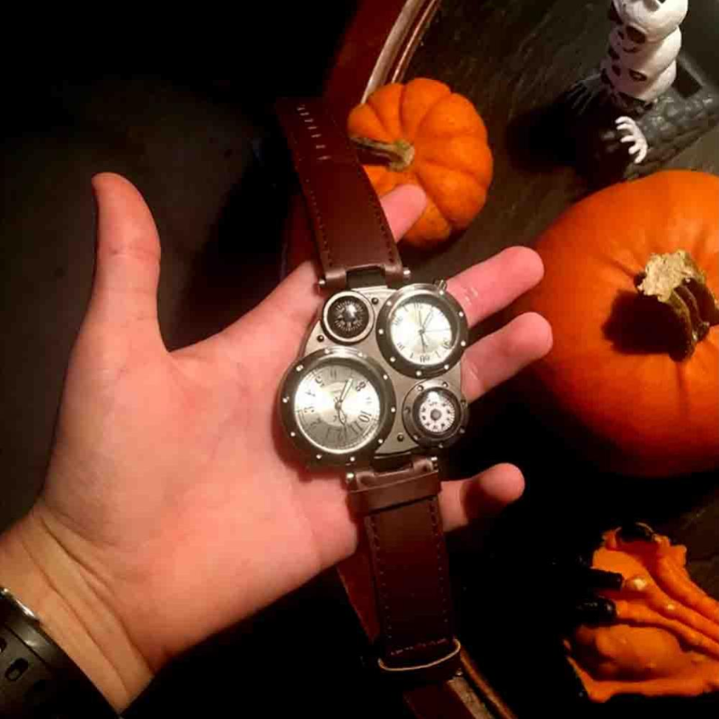 Veile Studios Men Fashion Creative Compass Chronograph Leather Quartz Sport Watch Rosy Finch