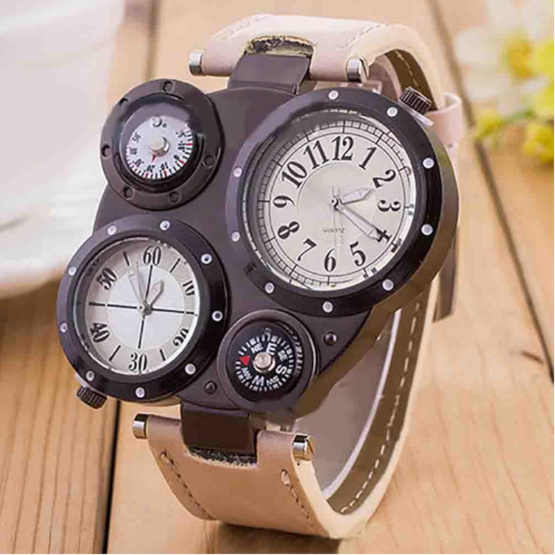 Veile Studios Men Fashion Creative Compass Chronograph Leather Quartz Sport Watch Rosy Finch