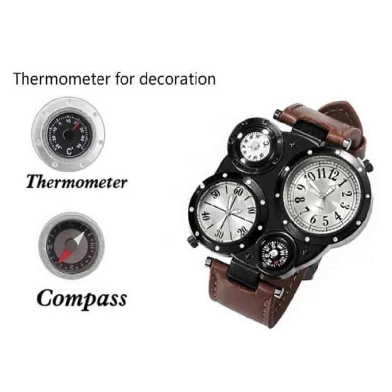 Veile Studios Men Fashion Creative Compass Chronograph Leather Quartz Sport Watch Rosy Finch