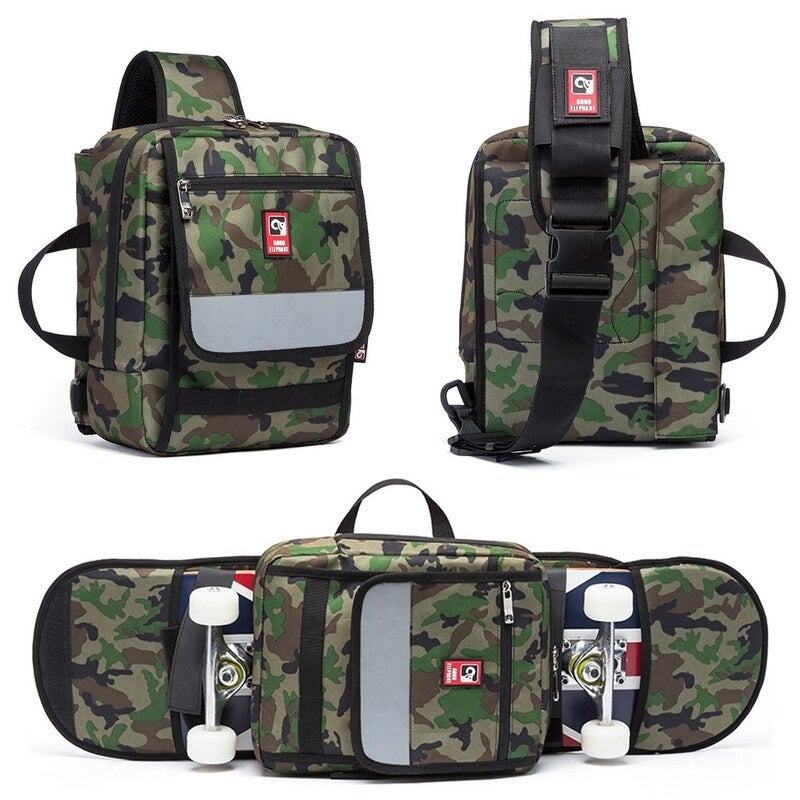 Multi Functional Skateboard Longboard Carry Bag Sling Green Camouflage