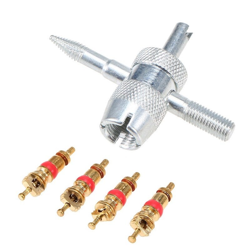 1 Set Copper Valve Core With 5-In-1 Stem Removal Tire Repair Tool