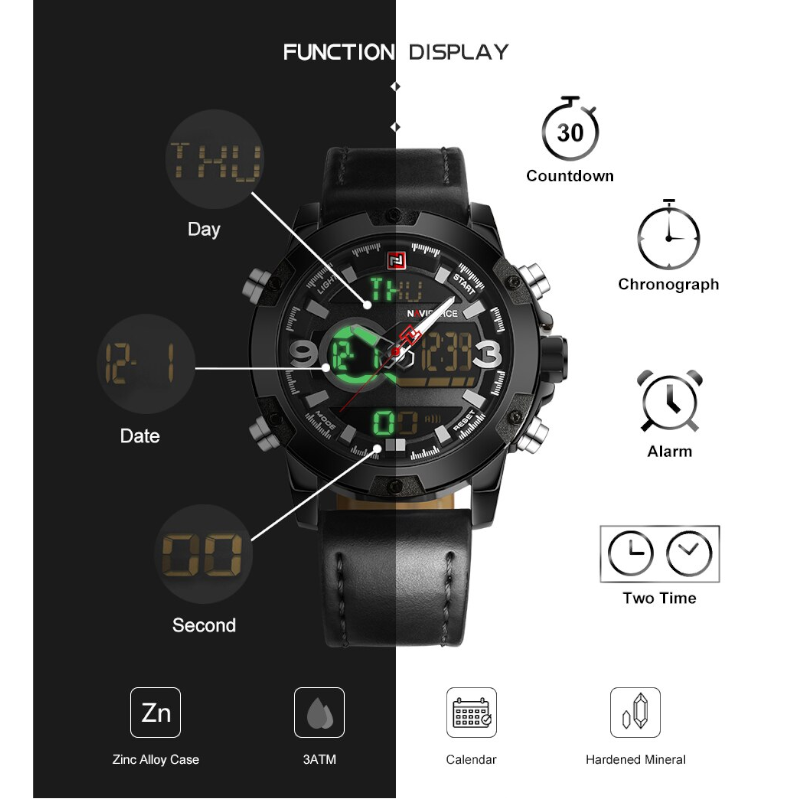 Veile Studios Luxury Brand Men Analog Digital Leather Sports Watches Black