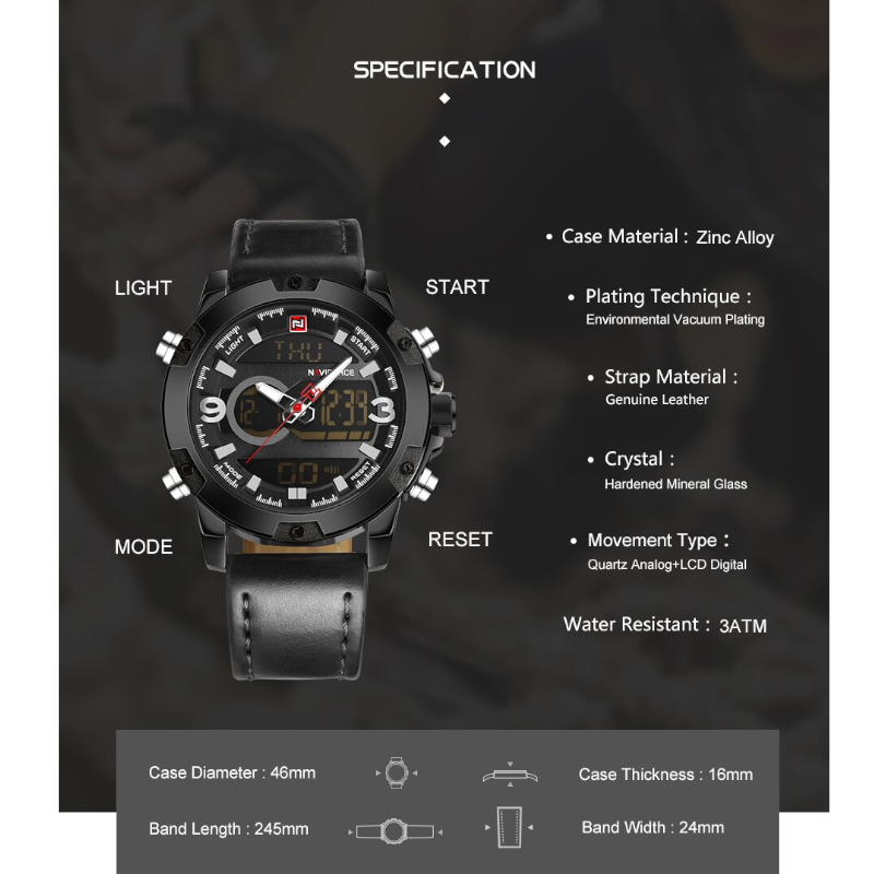 Veile Studios Luxury Brand Men Analog Digital Leather Sports Watches Black