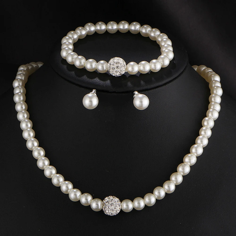 Vintage Simple Faux Pearl Choker Necklace Earrings Bracelet Jewellery Set