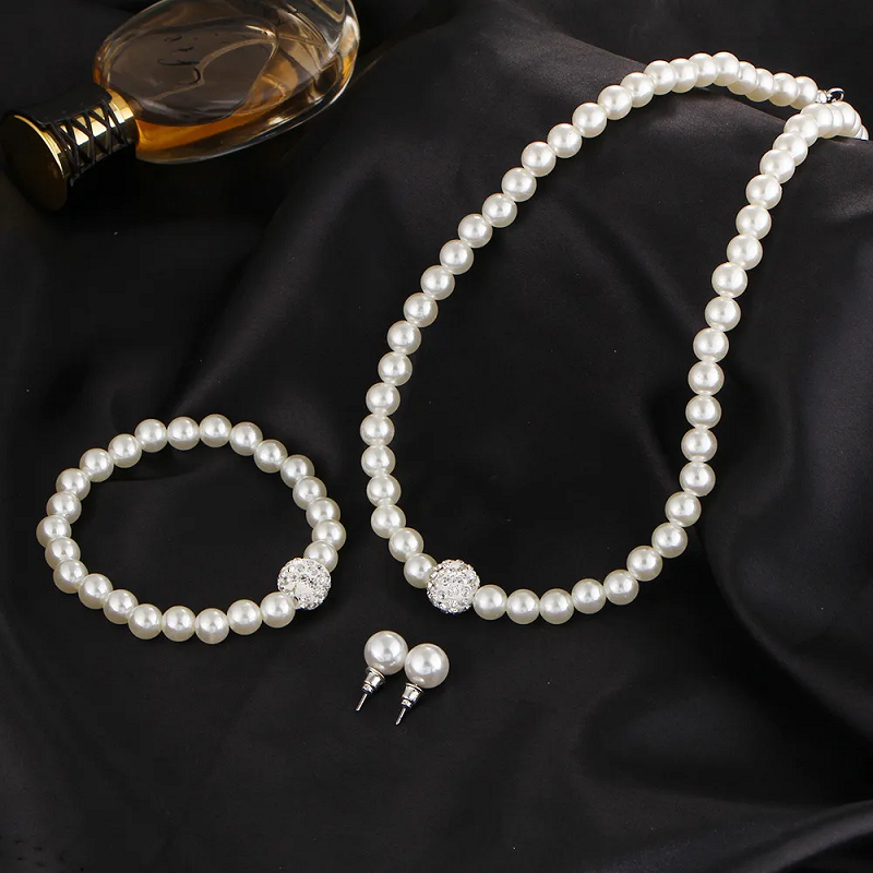 Vintage Simple Faux Pearl Choker Necklace Earrings Bracelet Jewellery Set