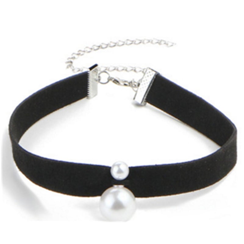 Veile Studios Fashion Faux Leather Black Ribbon Choker With Simulated Pearl Pendant
