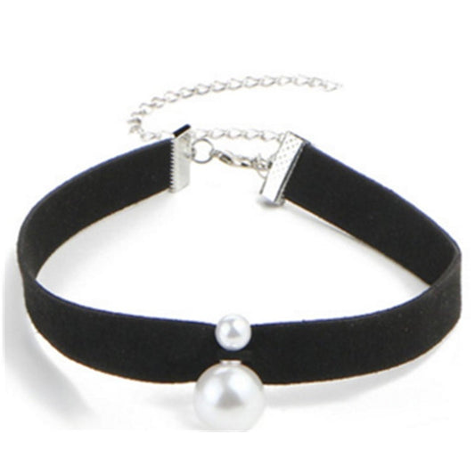 Veile Studios Fashion Faux Leather Black Ribbon Choker With Simulated Pearl Pendant