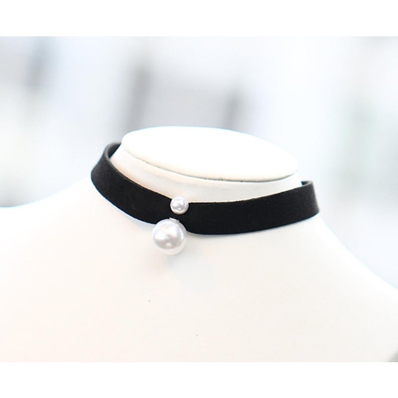 Veile Studios Fashion Faux Leather Black Ribbon Choker With Simulated Pearl Pendant