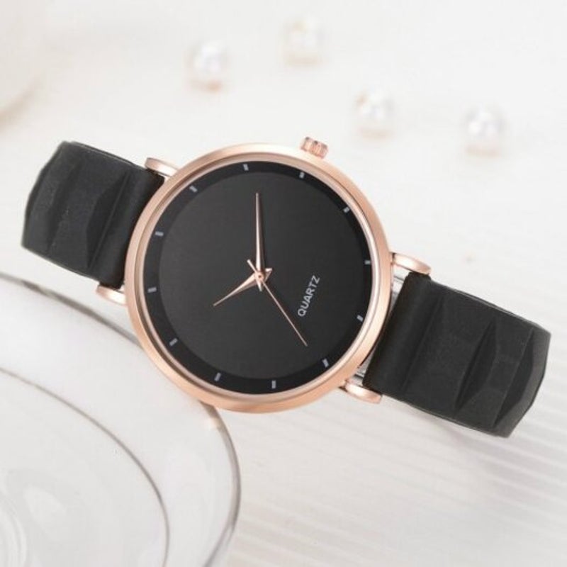 Fashion Pinkycolor Lady Minimalism Silica Gel Quartz Watch Black
