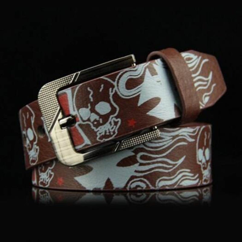 Skull Pattern Men's Belt Punk Style Pin Buckle Waistband Brown