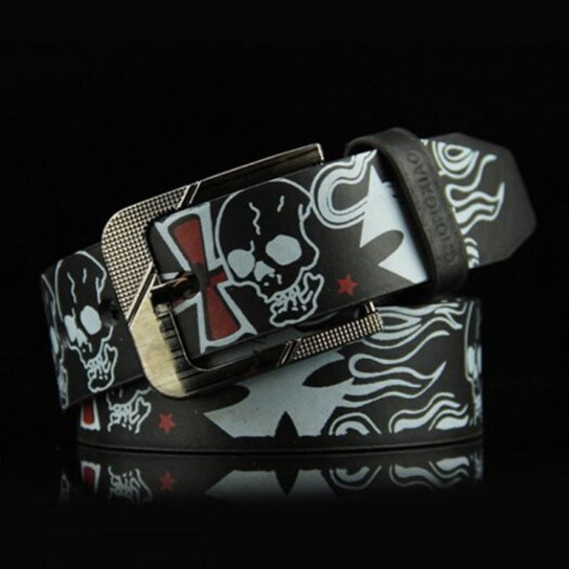 Skull Pattern Men's Belt Punk Style Pin Buckle Waistband Brown
